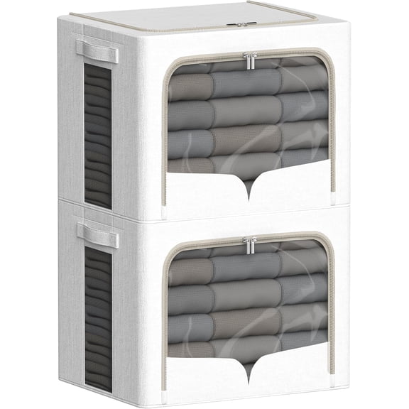 2 Pack Clothes Storage Bins with Metal Frame Clothing Storage Bins with Lid Linen Fabric Storage Box With Clear Window& Zippers& Durable Handles (Extra Large- 80L, Count, 2)