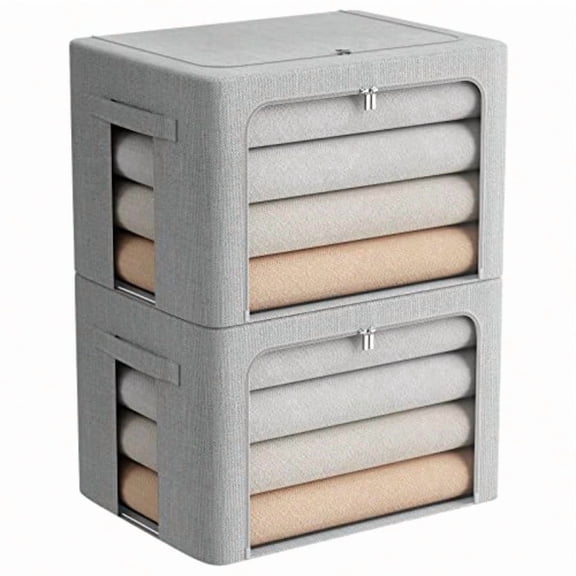 2 Pack Clothes Storage Bins Stackable Metal Frame Storage Box Large Capacity Foldable Linen Fabric Box Organizer with Carrying Handles and Clear Window Light Gray 19.7x 15.7x 12.6 Inch