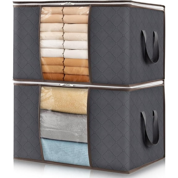 2 Pack Clothes Storage, Foldable Thick Fabric Blanket Storage Bags, Containers for Organizing Bedroom, Closet, Clothing, Comforter,Closet Organization with Handle,Grey