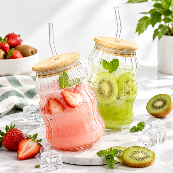 2-Pack Cloud Stripe 16 Oz Borosilicate Glass Tumbler Set With Lid And Straw