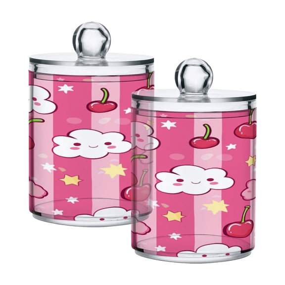 2 Pack Clouds Cherries Star Qtip Holder Dispenser Clear Plastic Storage Apothecary Jars for Cotton Swabs Balls Pads Floss