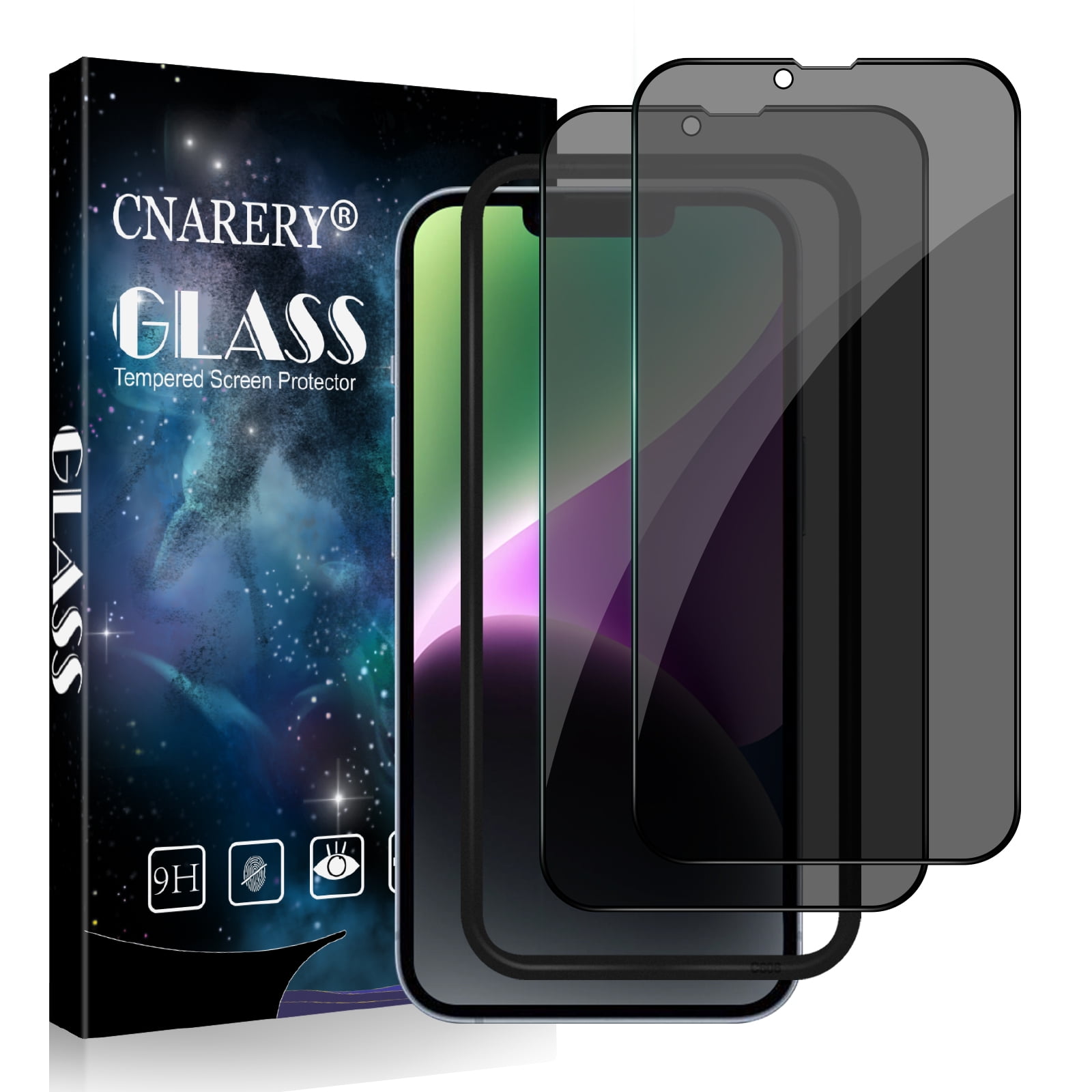 [2 Pack] Cnarery privacy screen protector for iPhone14 iPhone 13 and iPhone 13 Pro 6.1 Inch, 9H Anti-Spy Tempered Glass Film with Installation Frame, Case Friendly, Bubble Free, Anti-Scratch