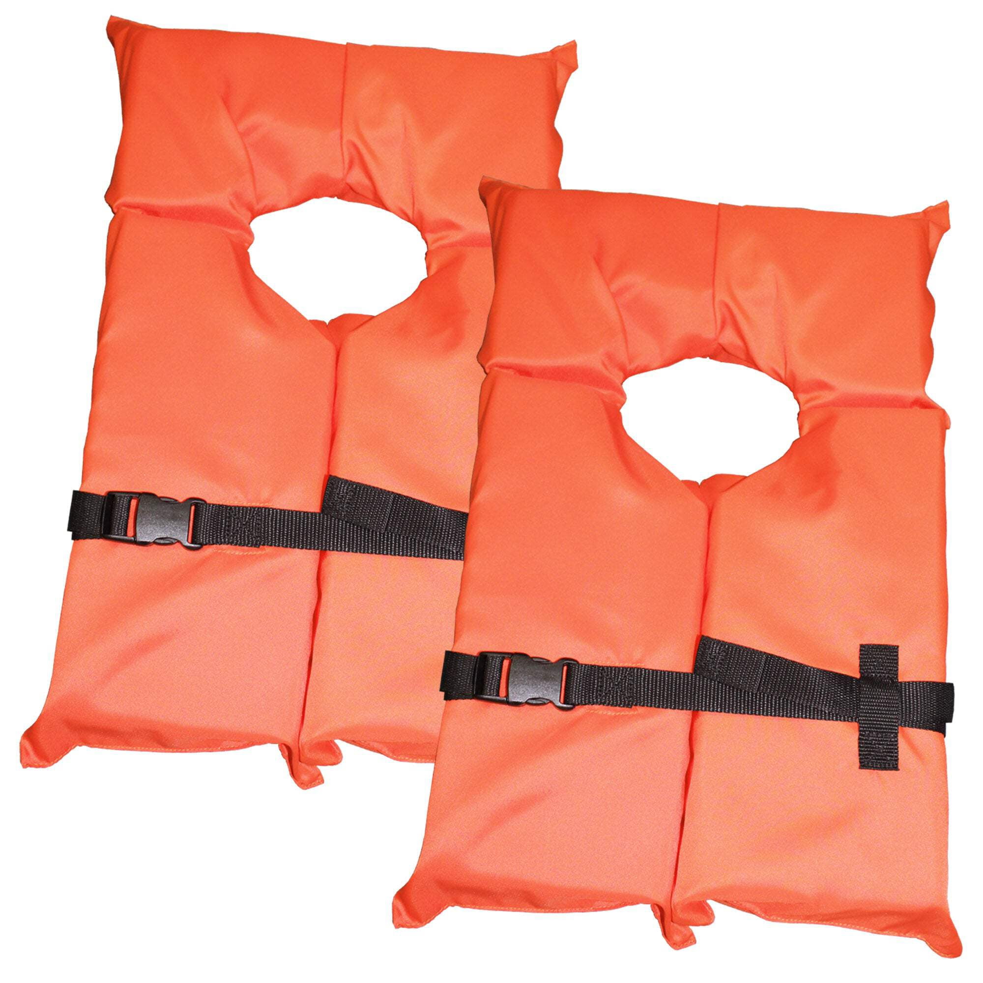 2 Pack Coast Guard approved life jackets. High visibility color Type II keyhole life vest in classic May West style. Compliance flotation device