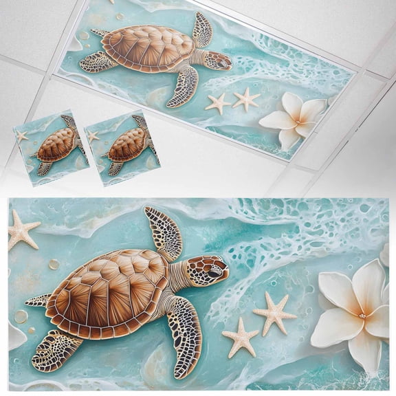 2 Pack Coastal Sea Turtle Fluorescent Light Covers for Ceiling Lights Beach Ocean White Floral Starfish Magnetic Ceiling Light Covers Overhead Light Filters for Office Classroom Home