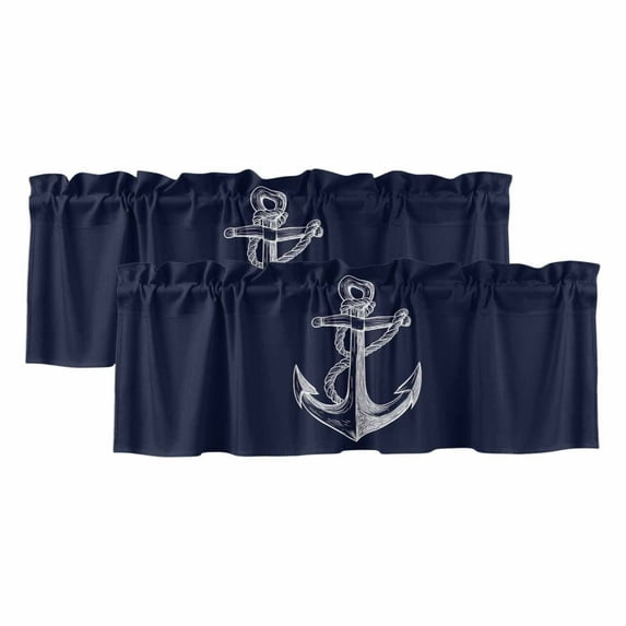 2 Pack Coastal Valance for Window Illustration Anchor Rope Dark Blue Kitchen Valance Rod Pocket Short Curtain Topper Decorative Window Treatment for Living Room Bedroom 42"x12"