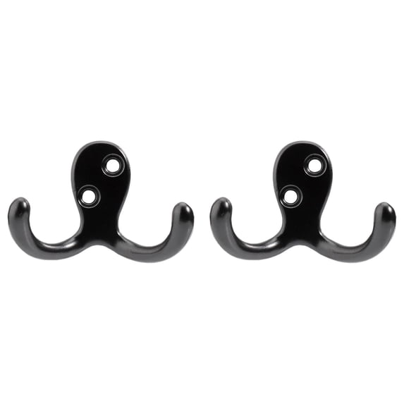2 Pack Coat Hooks, Heavy Duty Double Prong Coat Hooks Wall Mounted , No Rust Black Metal Wall Hooks for Hanging Towel, Coat, Bag, Hat, Cup, Key