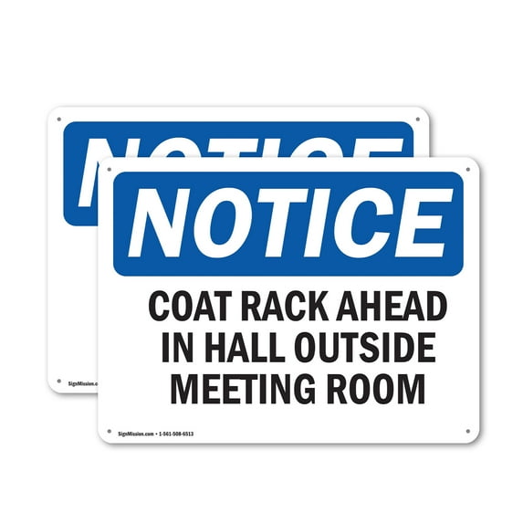 (2 Pack) Coat Rack Ahead In Hall Outside Meeting Room OSHA Notice Sign 24 Inch X 18 Inch Indoor / Outdoor Rust-Free Aluminum Metal Signs for Workplace, Workshop, and Construction Site,