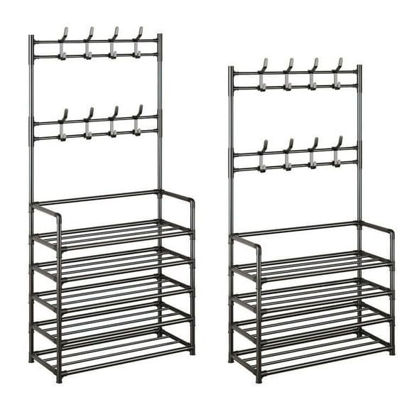 2-Pack Coat Rack Shoe Storage Rack, Freestanding Hall Tree Shoe Bench for Entryway Bench, Hall Tree Hat and 8 Removable Hooks_1*4 and 1*5 Tier Shoe Storages