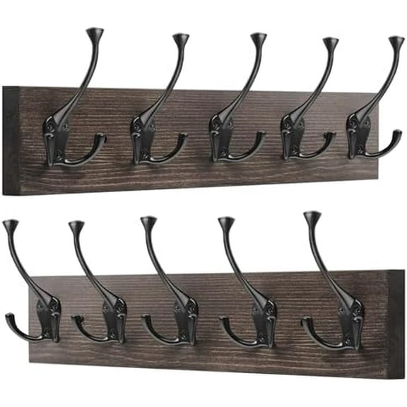 2 Pack Coat Rack Wall Mount, 17'' Old Wood Color Coat Hanger, Rustic Wooden Metal Coat Hooks Rail for Entryway Living Room Coat Jacket Scarf Bag Towel Hat