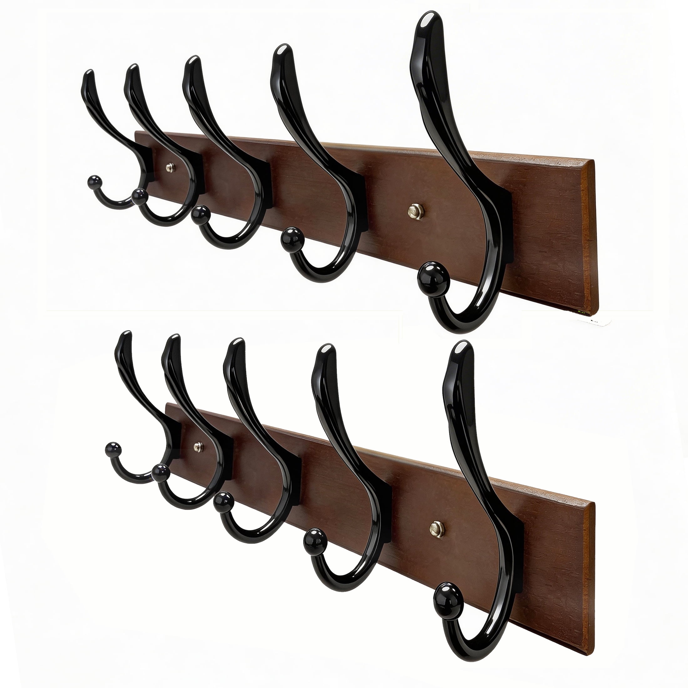 2 Pack Wall Mount Coat Hook Rack, Wooden Coat Rack with 5 Double Metal Hooks, Heavy Duty Entryway Hat Bag Towel Hanger for Bedroom Closet, Entryway Organizer for Coats, Hats, Bags and Umbrellas