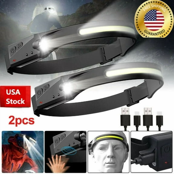 2 Pack Cob+Led Headlamp Headlight Torch Flashlight Work Light Bar Head Band Lamp
