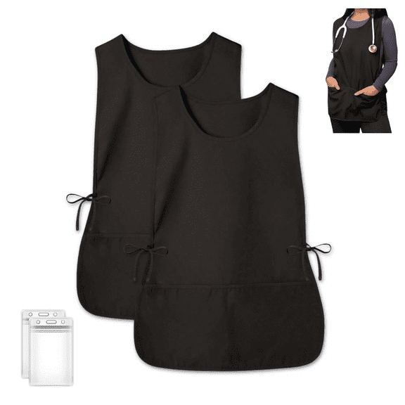 2 Pack Cobbler Apron with 2 ID Badge Holders, Unisex Waterproof Smock with Deep Pockets, Universal Apron for Housekeeping, Painting, Work, Kitchen, Hairstylist