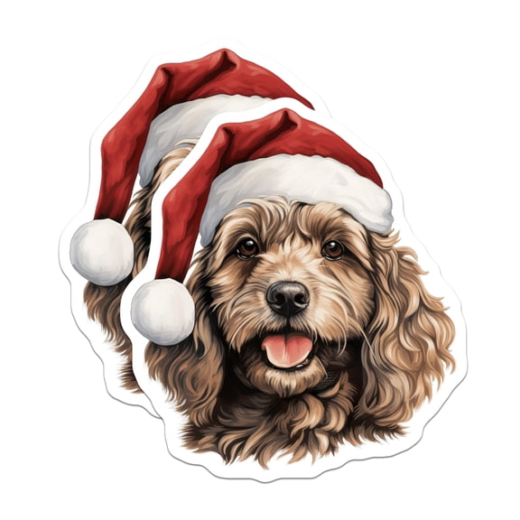 (2 Pack) Cockapoo Christmas Stickers - Santa Hat Dog Decal - Festive Holiday Pet Lover Vinyl Stickers - 5" On Longest Side - Sticks to Smooth Flat Surfaces - Made in USA - BMCS27444
