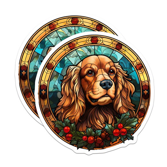 (2 Pack) Cocker Spaniel Dog Stickers - Stained Glass Christmas Decor - Winter Pet Portrait Art Decals for Bottle Laptop - 5" On Longest Side - Sticks to Smooth Flat Surfaces - Made in USA - BMCS30519