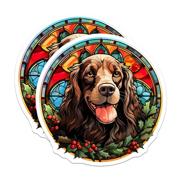 (2 Pack) Cocker Spaniel Stained Glass Stickers - Christmas Dog Art - Holiday Pet Lover Present - 5" On Longest Side - Sticks to Smooth Flat Surfaces - Made in USA - BMCS30530