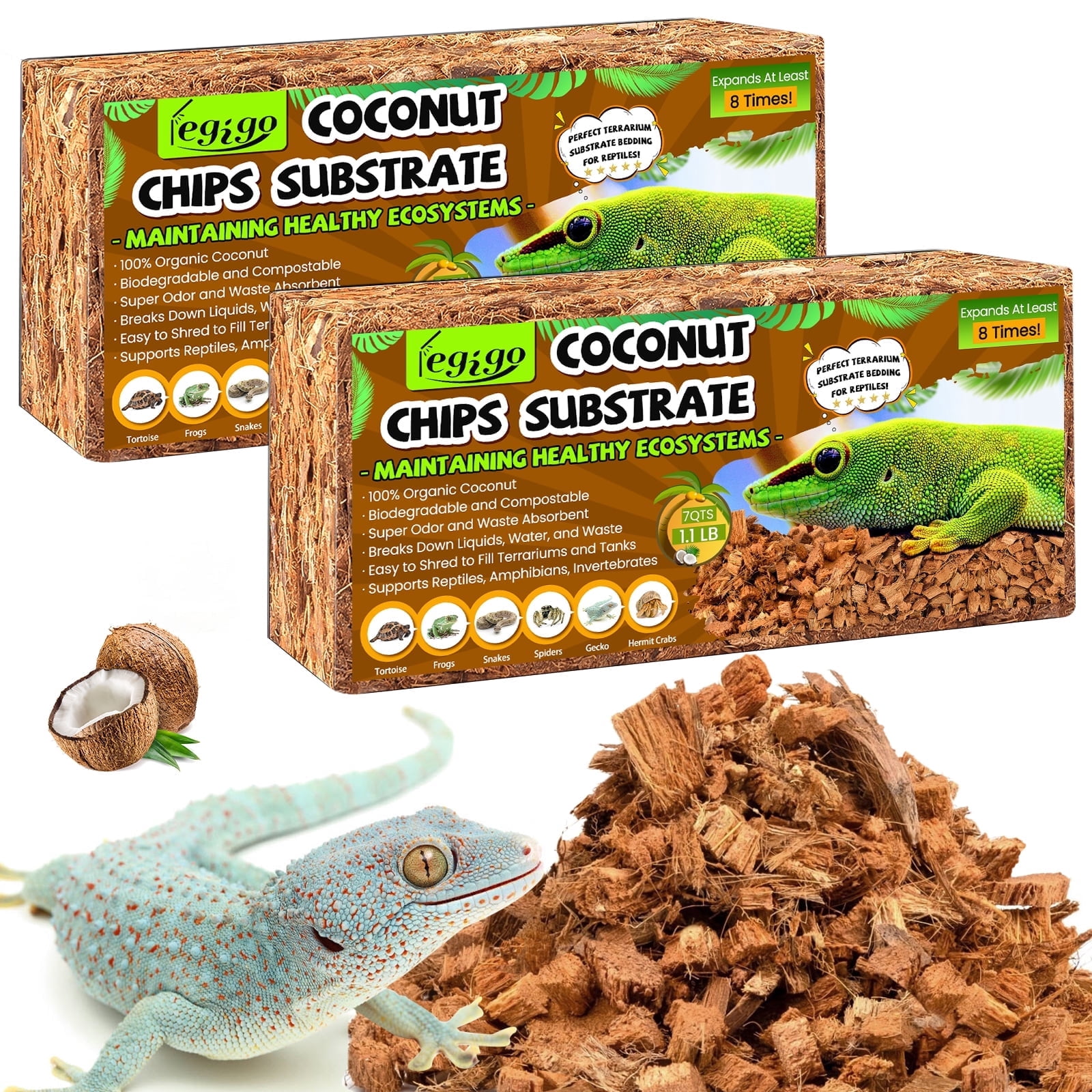 2 Pack Coconut Chip Substrate for Reptiles, Natural Coco Husk Chip ...