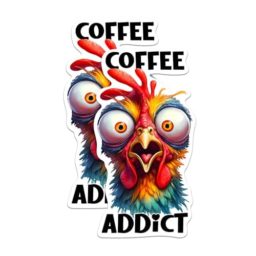(2 Pack) Coffee Addict Stickers - Funny Rooster Chicken Coffee Lover Sticker - Caffeine Junkie - 5 Inches On Longest Side - Premium Vinyl - for Cars, Skateboards, Laptops - Made in USA - BMCS1031