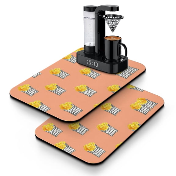 2-Pack Coffee Maker Mats for Countertop Absorbent Non-Slip French Fries Design, 4-Layer Eco-Friendly Mat Set for Coffee Station, Dish Drying & Pet Bowls (12x19 Inch, Brown)