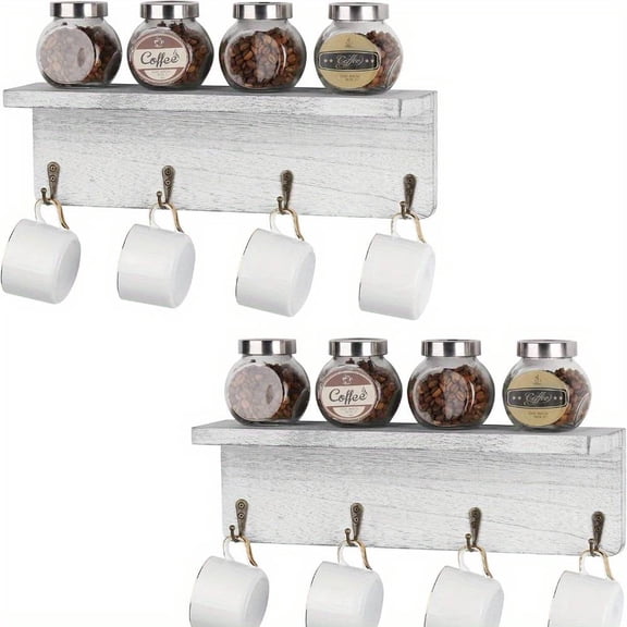 2 Pack Coffee Mug Holder, Wall Mounted Mug Rack with Cup Hangers, Rustic Cup Organizer with Storage Shelf for Home, Office, Kitchen Tea Cups Wall Display Storage Collection