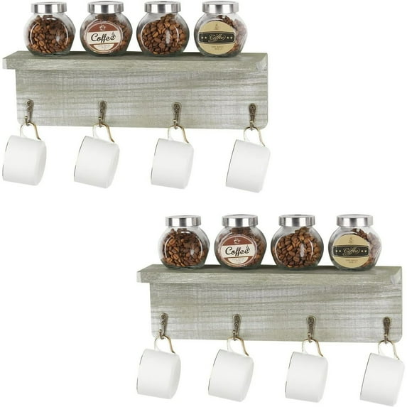 2 Pack Coffee Mug Holder, Wall Mounted Mug Rack with Cup Hangers, Rustic Cup Organizer with Storage Shelf for Home, Office, Kitchen Tea Cups Wall Display Storage Collection