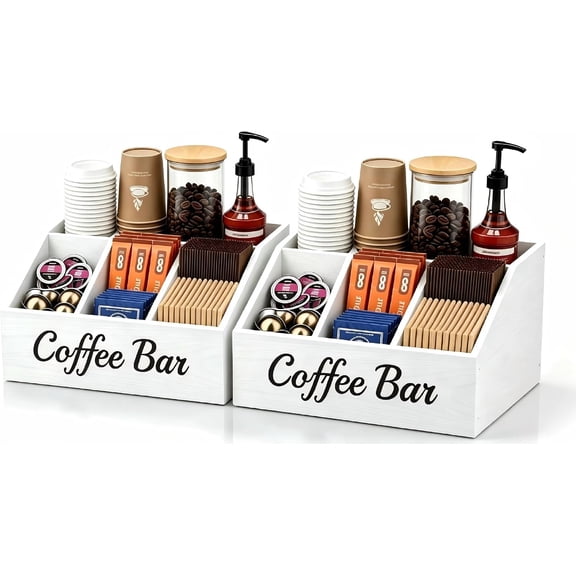2 Pack Coffee Station Organizer for Countertop – Wooden Coffee Bar Organizer with Adjustable Dividers,Holds K Cup Pod & syrup bottles, for Kitchen, Office, or Bar and Tea Station, White