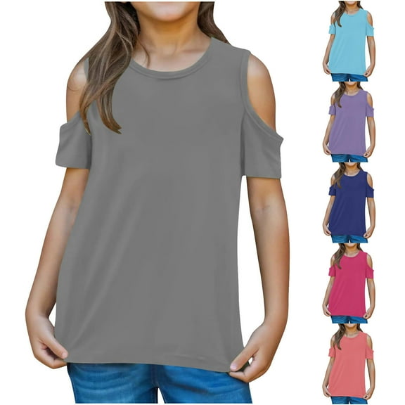 2 Pack Cold Shoulder Tops for Girls 3-12 Years Kids Trendy Short Sleeve Crewneck T-Shirts Teens Juniors Casual Solid Pullover Tees Top