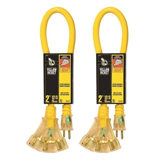 Coleman Cable 12/3 2' Sjtw 3-Outlet Jacket Lighted End Extension Cord, Yellow