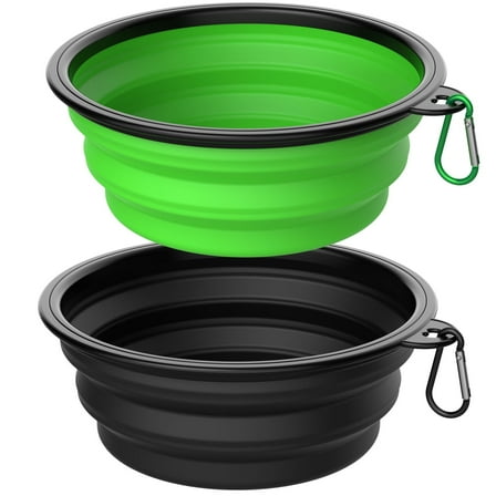 2 Pack Collapsible Bowls,Dog Bowl Portable for Cats Dogs, Foldable Pet Feeding Watering Silicone Dish with 2 Carabiners, for for Traveling Camping Walking,Home Use,600ML(Black+Green)