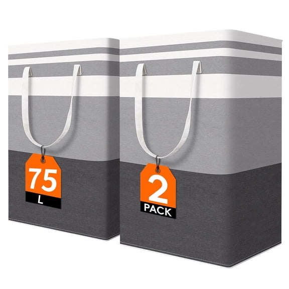 2 Pack Large Laundry Baskets, Freestanding Waterproof Laundry Hampers, Collapsible Clothes Hamper with Easy Carry Handles & Reinforced Stitching, for Laundry Room, Dorm, Bathroom, Bedroom, 75L, Grey