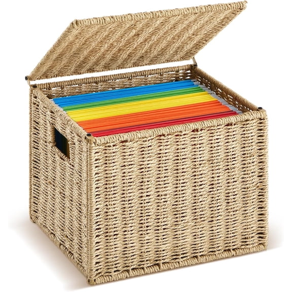 2 Pack Collapsible Letter Size Filing Box with Lid Woven Hanging File Basket Portable Document Storage Organizer for Office Home Decor