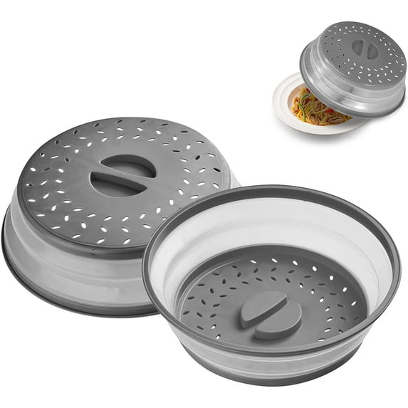 2 Pack Collapsible Microwave Cover Splatter Proof Food Plate, 10.5 inch Round With Grip Handle, Dishwasher Safe and Free