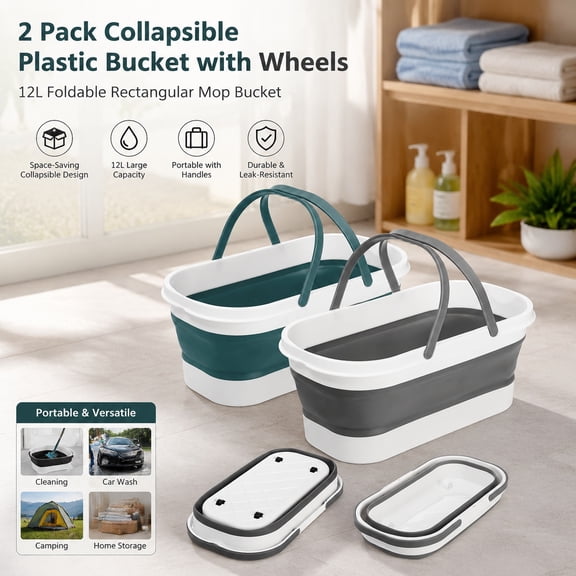 2 Pack Collapsible Plastic Bucket with Wheels, 12L Foldable Rectangular Mop Bucket, Portable Water Pail with Handle for Cleaning, Car Wash, Camping