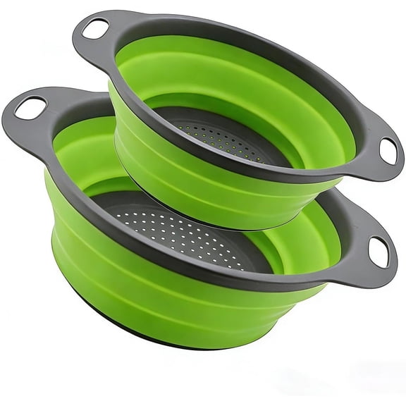 2 Pack Collapsible Silicone Colander with Handle Over Sink Foldable Food Strainer BPA-Free Space Saving Drain Basket for Vegetables Fruits Pasta Kitchen & Camping (Green)