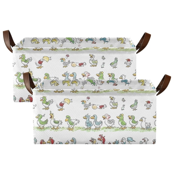2 Pack Collapsible Storage Bins Fabric Shelf Baskets with Handles Closet Organizer Cartoon Ducks Line 16.9x11.4x7.7