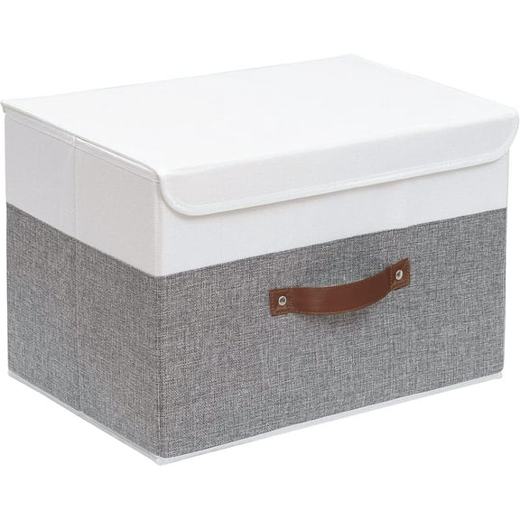 2 Pack Collapsible Storage Cubes with Lid, Linen Fabric Wardrobe Baskets, White/Grey