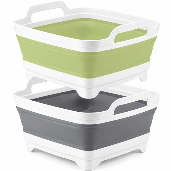 2 Pack, Collapsible Wash Basin with Drain Plug, 2.5 Gal Portable Sink for Baby Bottles, Dishes & Camping, Foldable Dish Tub, Collapsible Dish Basin Pan for Kitchen, RV & Travel - Gray & Olive Green