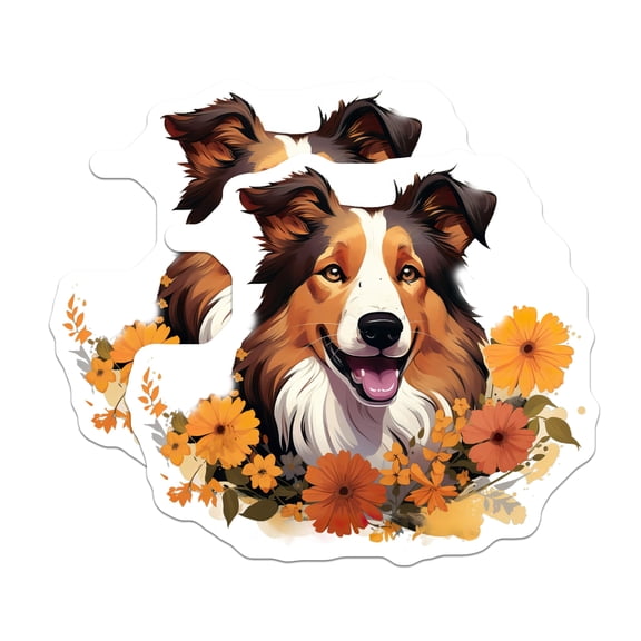 (2 Pack) Collie Dog Stickers - Happy Sheltie Illustration - Floral Pet Lover Decal - Animal Themed - 5" On Longest Side - Sticks to Smooth Flat Surfaces - Made in USA - BMCS30150