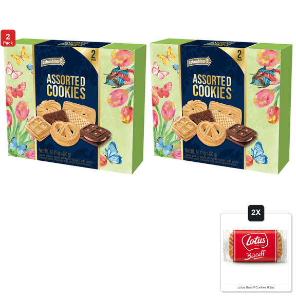 2 Pack | Colombina Assorted Cookies - Spring-Themed Box W/ 3 Types Cookies: Vanilla Wafer, Vanilla And Butter, And Sandwich With Vanilla Cream - 14.11 Oz - 2pk ea & 2x Lotus Biscoff Cookies 0.2oz