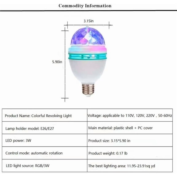 2 Pack Color Rotating Bulb E26 Party LED Bulbs,Multi Crystal Stage Lights for Disco,Color Changing Strobe RGB Bulb,Suitable for Indoor and Outdoor Birthday Parties,Clubs,Bars,Photography