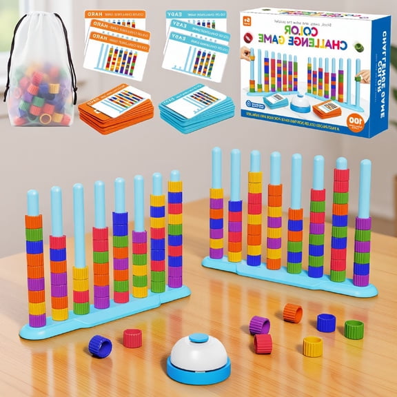 2 Pack Color Sorting Stacking Game Set with 2 Racks, 100 Cards, 120 Rings & Board Game for & Adults