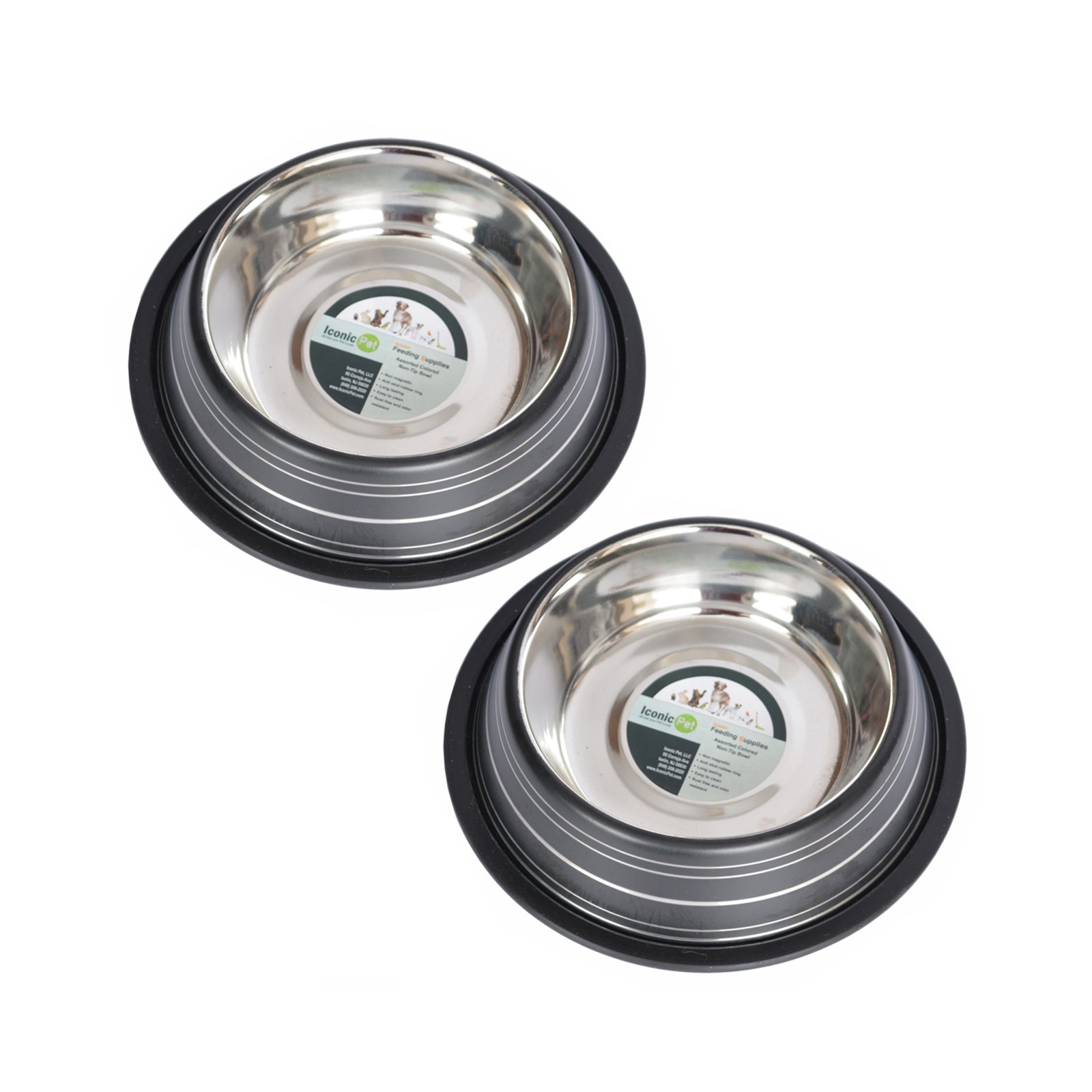 2Pack Color Splash Stripe NonSkid Pet Bowl, For Dog or Cat, Black, 24