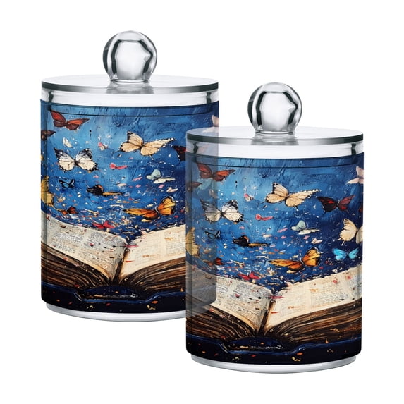 2 Pack Colorful Butterflies Fly on Book Qtip Holder Dispenser Clear Plastic Storage Apothecary Jars for Cotton Swabs Balls Pads Floss