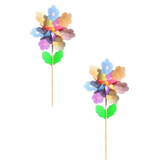 2 Pack Colorful Flower Pinwheels Wind Spinners Outdoor, 11 Inch Floral Garden Pinwheels with Wooden Stake, Decorative Pinwheels for Yard and Lawn Party Outdoor Ornament