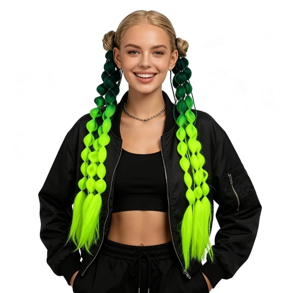 2 Pack Colorful Gradient Bubble Braided Hair Extensions, Women Funny Rainbow Synthetic Long Braids Crazy Hair Day Halloween Cosplay Raves Carnival Wig Ponytail Extensions Costume Hair Accessory