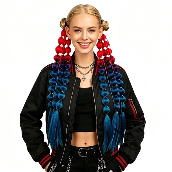 2 Pack Colorful Gradient Bubble Braided Hair Extensions, Women Funny Rainbow Synthetic Long Braids Crazy Hair Day Halloween Cosplay Raves Carnival Wig Ponytail Extensions Costume Hair Accessory