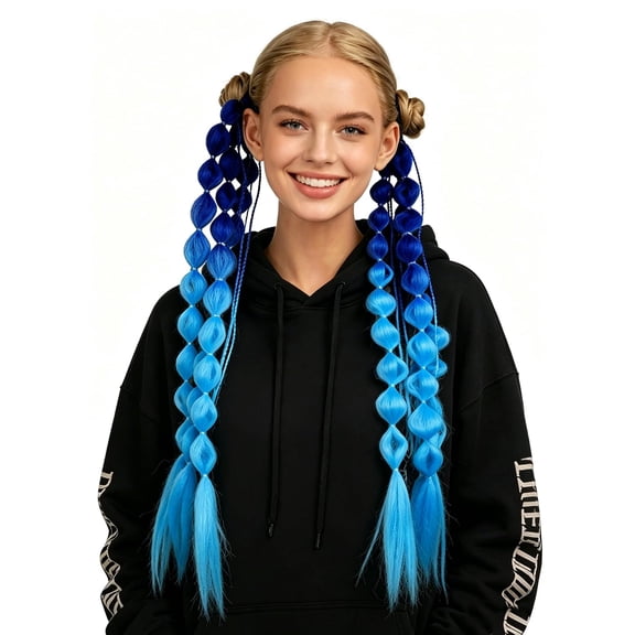 2 Pack Colorful Gradient Bubble Braided Hair Extensions, Women Funny Rainbow Synthetic Long Braids Crazy Hair Day Halloween Cosplay Raves Carnival Wig Ponytail Extensions Costume Hair Accessory