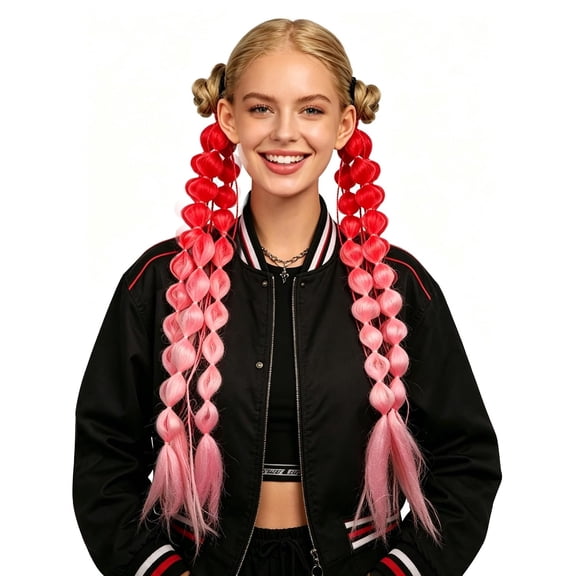 2 Pack Colorful Gradient Bubble Braided Hair Extensions, Women Funny Rainbow Synthetic Long Braids Crazy Hair Day Halloween Cosplay Raves Carnival Wig Ponytail Extensions Costume Hair Accessory