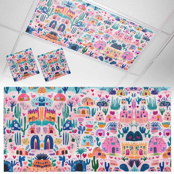 2 Pack Colorful Spring Floral Fluorescent Light Covers for Ceiling Lights Summer Botanical Cactus Magnetic Ceiling Light Covers Overhead Light Filters for Office Classroom Home