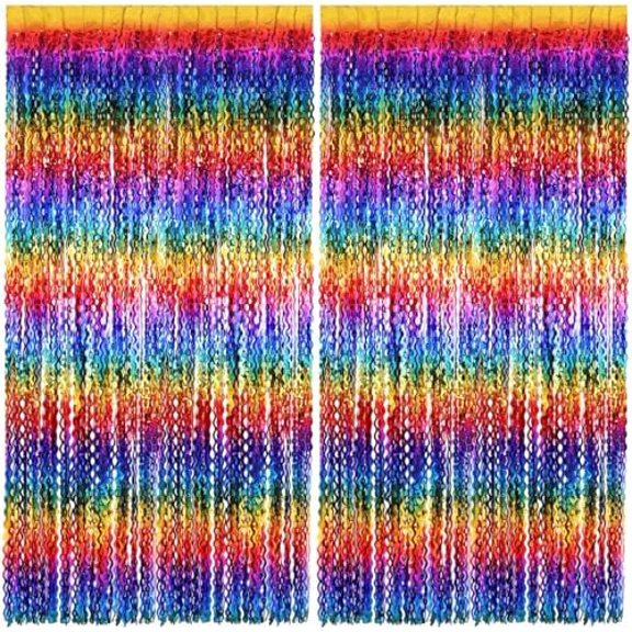 2 Pack Colorful Wavy Foil Fringe Curtain Backdrop, 3.3 X 6.6 Ft Rainbow Wavy Fringe Curtains, Colorful Streamer Shiny Metallic Tinsel Iridescent Streamers for Birthday Party Streamers Photo Booth