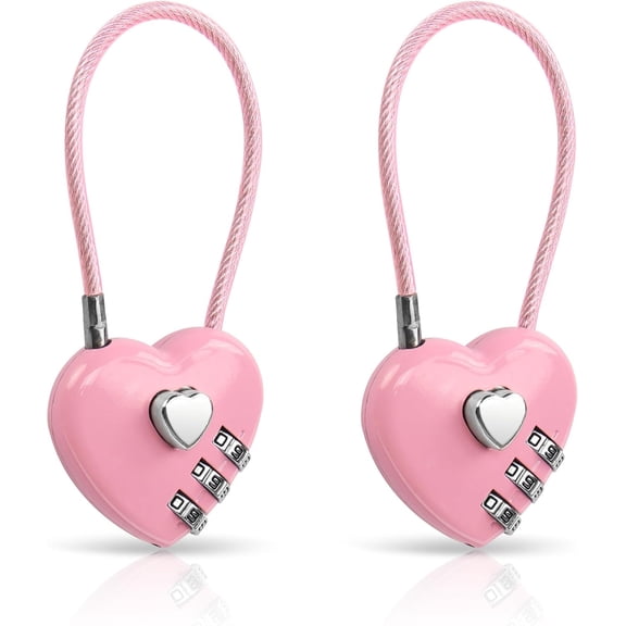 2 Pack Combination Lock, 3 Digit Heart Shaped Padlock for School Gym Locker, TSA Approved Cable Luggage Locks, Sports Locker Lock, Luggage,Fence,Backpack,Valentine Gift (Pink)